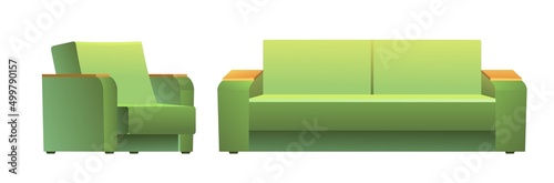 Green armchair and sofa. Classic, simple upholstered furniture to sit and lie down. Set of objects isolated on white background. Vector