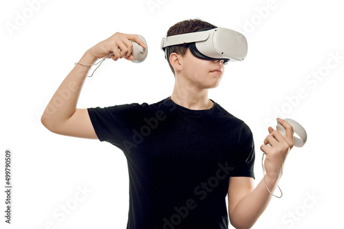 Man, guy uses virtual reality glasses. isolate.