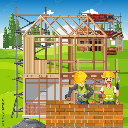 House construction site with workers cartoon