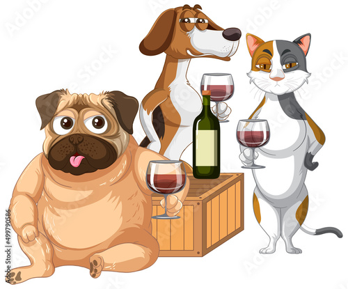 A group of cat and dog drinking wine