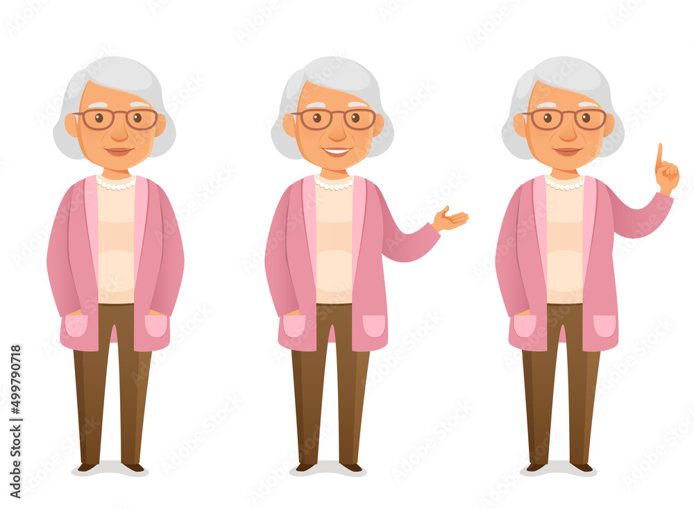 cute cartoon character of an old woman with glasses, gesturing or pointing her finger. Friendly grandmother in pink cardigan, smiling.