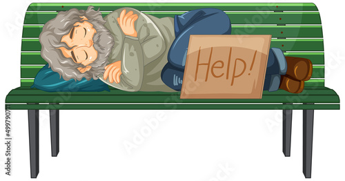 Homeless man sleeping on bench with help sign