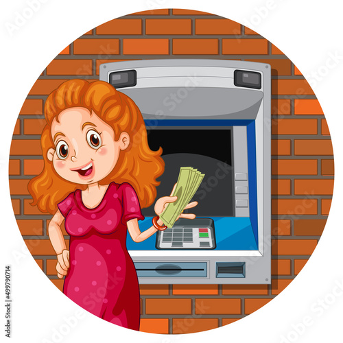 A woman holding cash money in front of atm