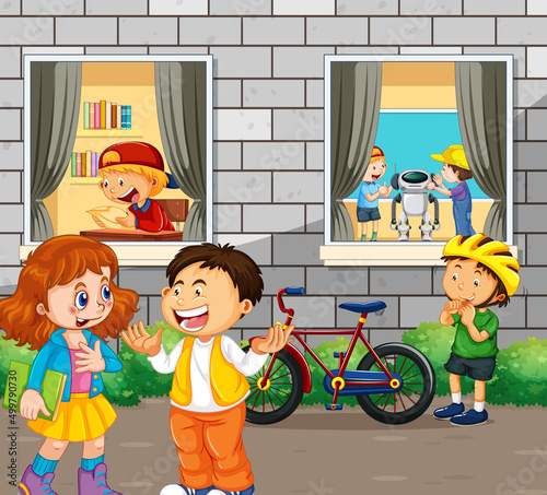 Outdoor scene with people in cartoon style
