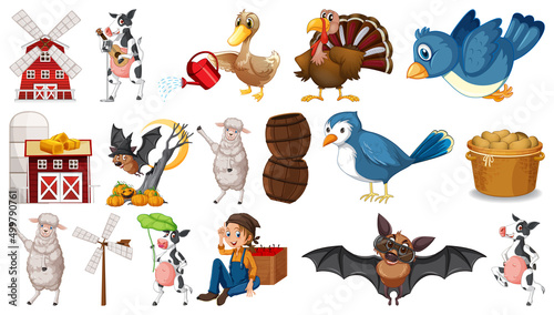Farm animals and barn
