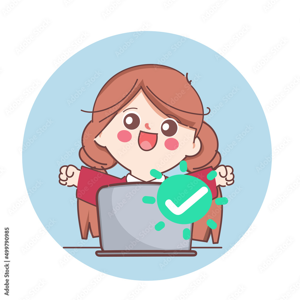 Woman working with laptop and successful. Cute cartoon character doodle style. Woman working with laptop and successful. Cute cartoon character doodle style.
