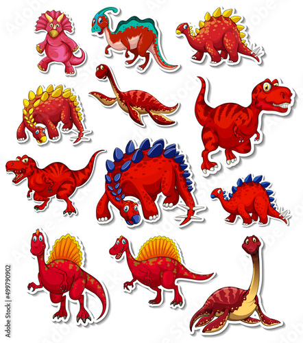 Sticker set of different dinosaurs cartoon