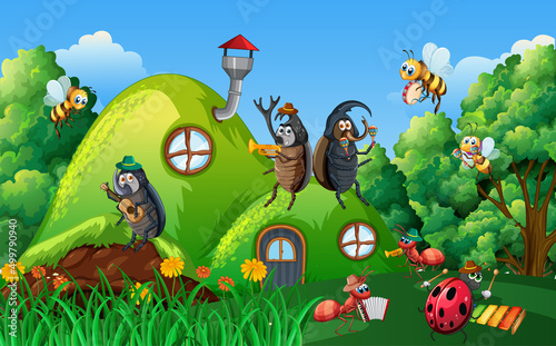 Nature scene with cartoon insects
