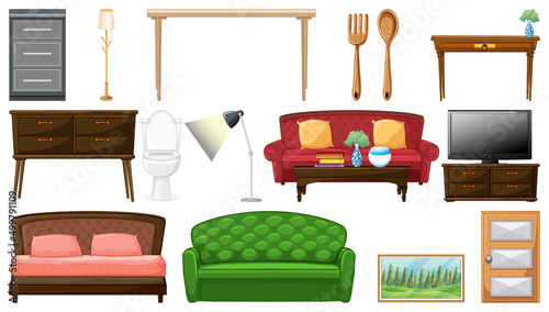 Furniture and household appliances on white background