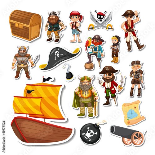 Stickers pack of pirate cartoon characters and objects