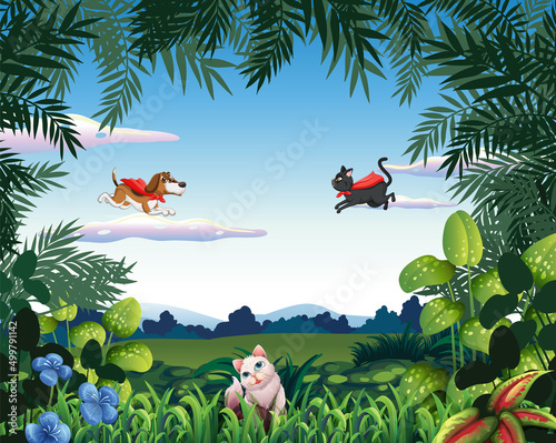Set of different domestic animals in forest