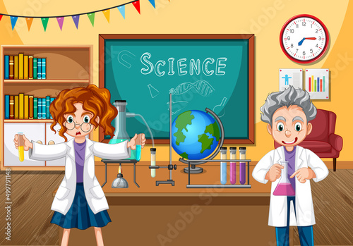 Classroom scene with scientist doing experiment