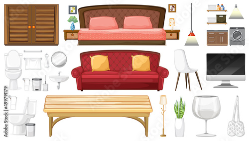 Furniture and household appliances on white background
