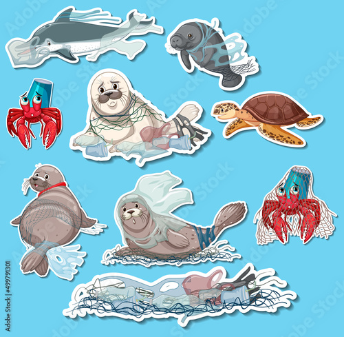 Sticker pack of different sea animals stuck in plastic