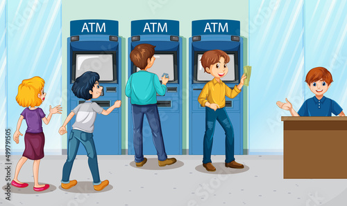 ATM bank scene with people cartoon character