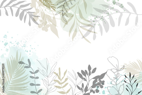 Leaves and ferns background - Hand drawn colorful plants set modern and universal. Flower branch and minimalistic plants. Hand drawn lines, elegant leaves for your own design.