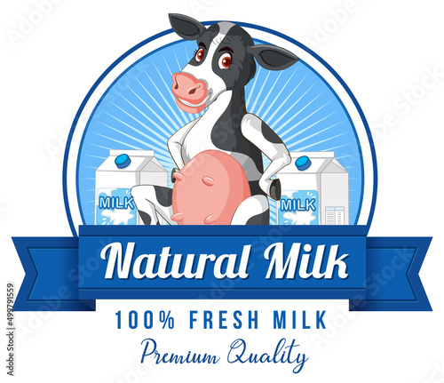 Natural milk label logo with a dairy cow cartoon