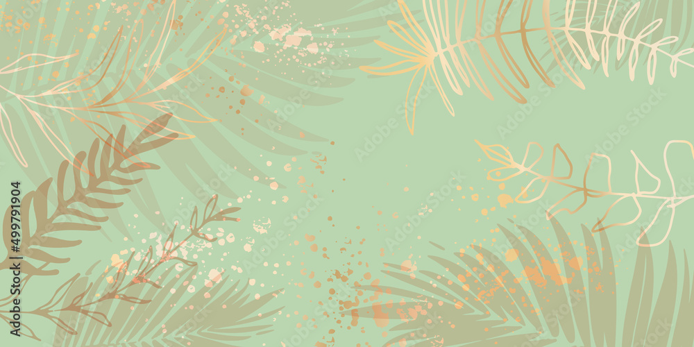 Fototapeta premium Leaves and ferns background - Hand drawn colorful plants set modern and universal. Flower branch and minimalistic plants. Hand drawn lines, elegant leaves for your own design.