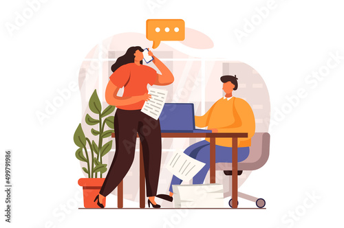 Business activities web concept in flat design. Woman manager consulting clients by phone and briefing employee at workplace. Businesspeople working at office. Vector illustration with people scene