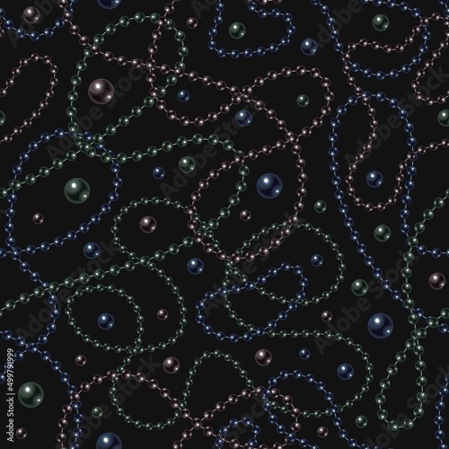 Seamless pattern with dark pearl beads, strings of pearls on black background. Wavy lines, classic black coloration of pearls, chaotic composition. Vector illustration