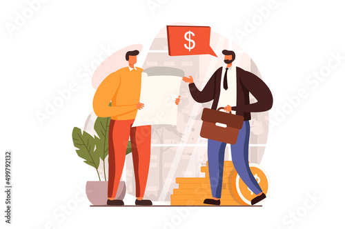 Business activities web concept in flat design. Men discuss work tasks, negotiate about investing in project and making deal. Businesspeople working at office. Vector illustration with people scene