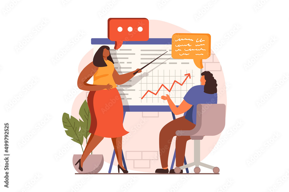 Business meeting web concept in flat design. Coach advises employee, women discuss work tasks at report presentation. Colleagues brainstorming at conference. Vector illustration with people scene
