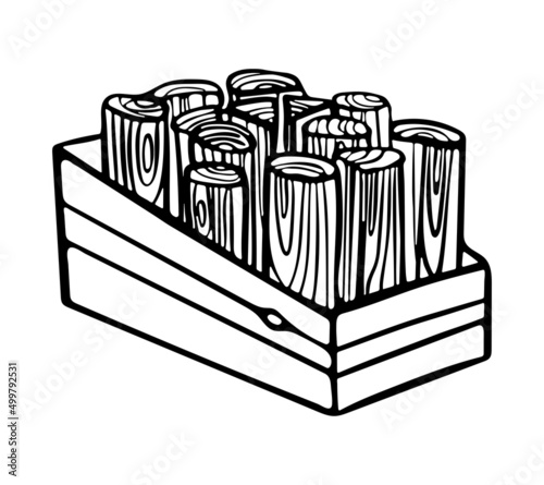 Firewood in a box. Bundle of firewood outline doodle vector illustration.
