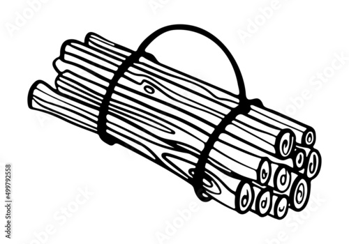 Bundle of firewood outline doodle vector illustration. Branches tied with rope