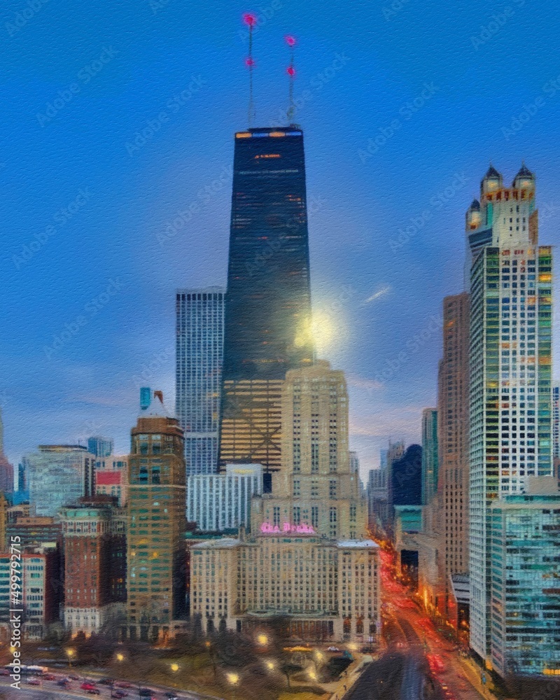 Fototapeta premium Chicago USA city center skyscrapers and architecture, America travel downtown, drawing in oil wall art print for canvas or paper poster, tourism production design real painting modern artistic artwork