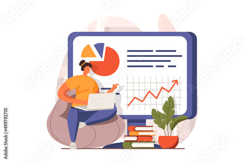 Business process web concept in flat design. Woman makes financial report, creates strategy and invests money. Company development, success and leadership. Vector illustration with people scene