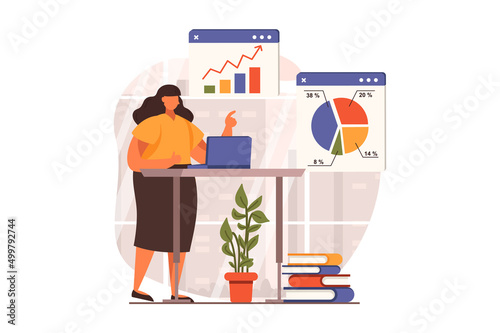Business process web concept in flat design. Woman analyzes financial statistics at graphs, planning and accounting. Company development, success and leadership. Vector illustration with people scene