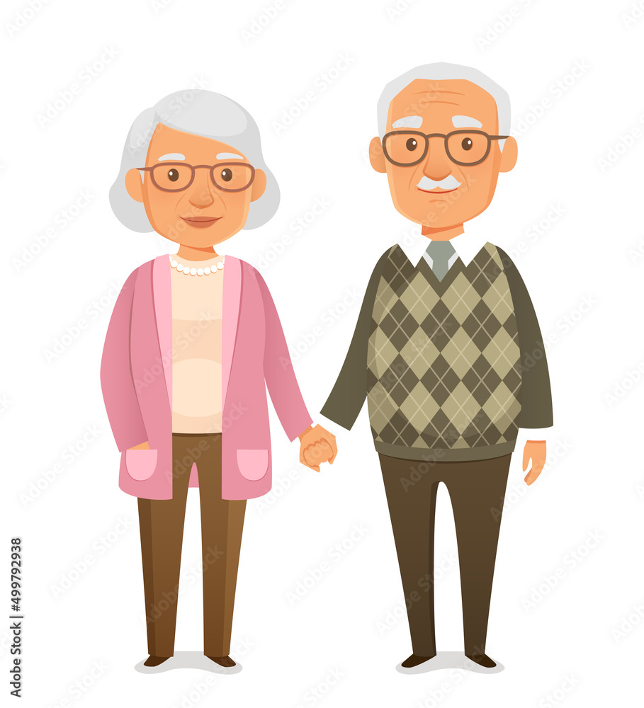 cute cartoon illustration of a senior couple. Nice old people in casual fashion, smiling and holding hands.