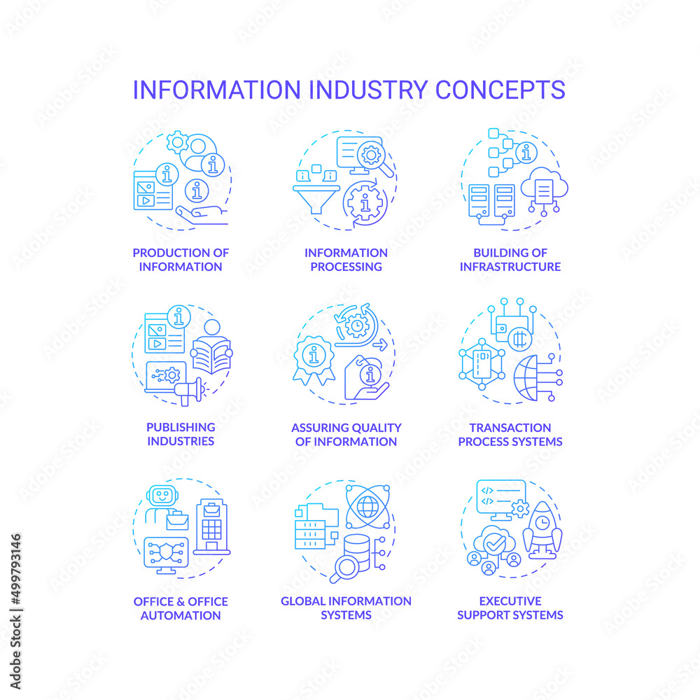 Information industry blue gradient concept icons set. Production and processing idea thin line color illustrations. Quality of info. Isolated symbols. Roboto-Medium, Myriad Pro-Bold fonts used