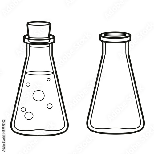 Chemical equipment glass Erlenmeyer flask outlined for coloring page on white background