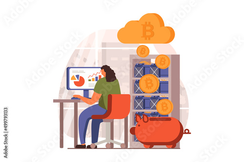 Cryptocurrency mining web concept in flat design. Woman creates her own mining farm, analyzing financial data and earning bitcoins using blockchain technology. Vector illustration with people scene