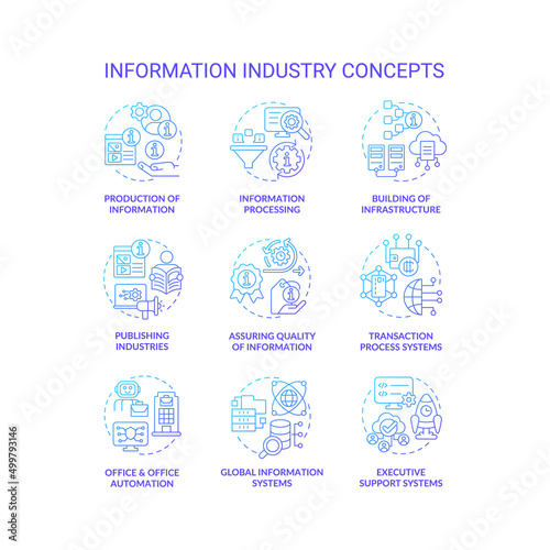 Information industry blue gradient concept icons set. Production and processing idea thin line color illustrations. Quality of info. Isolated symbols. Roboto-Medium, Myriad Pro-Bold fonts used