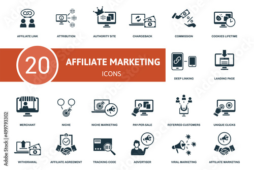 Affiliate Marketing set icon. Contains affiliate marketing illustrations such as attribution, chargeback, cookies lifetime and more.