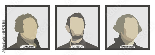 Alexander Hamilton, Abraham Lincoln and George Washington, politicians and Presidents of the United States of America. Stylized vector portraits on white background