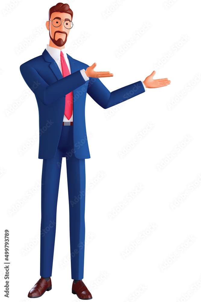 3d illustration of standing character smiling man showing hand at direction. Portrait of cartoon happy businessman with eyeglasses and blue suit, isolated on white background