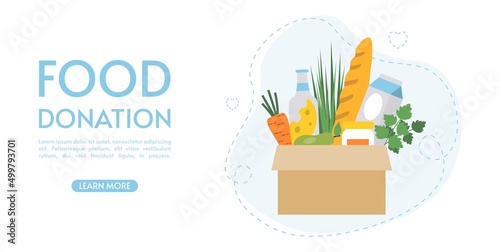 Box with different food. Charity, food donation for needy and poor people. Food delivery. Financial support concept and social assistance. Flat illustration on white background. Landing page template.