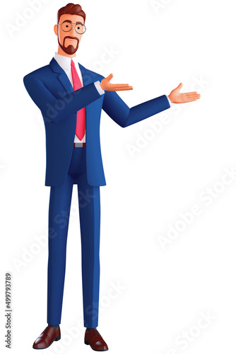 3d illustration of standing character smiling man showing hand at direction. Portrait of cartoon happy businessman with eyeglasses and blue suit, isolated on white background