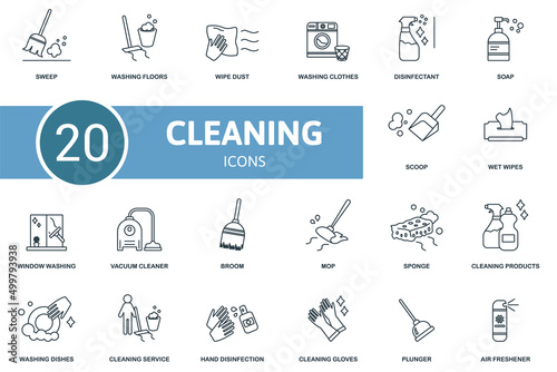 Cleaning set icon. Contains cleaning illustrations such as washing floors, washing clothes, soap and more.