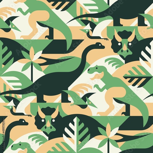 Dinosaur jurassic forest - abstract vector pattern, seamless with tyrannosaurus rex, triceratops, brontosaurus and pterodactyl. Perfect for fabric, textile, wallpaper.