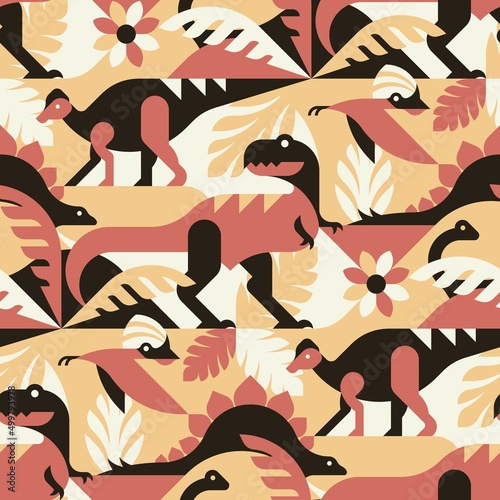 Dinosaur jurassic forest - abstract vector pattern, seamless with tyrannosaurus rex, hypacrosaurus, brontosaurus, stegosaurus and pterodactyl. Perfect for fabric, textile, wallpaper.