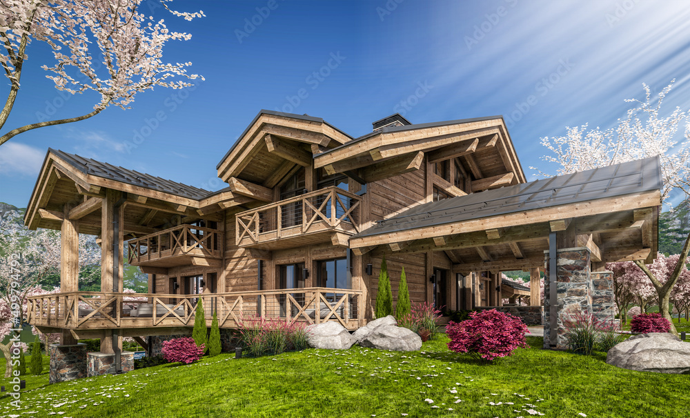 3d rendering of modern cozy chalet with pool and parking for sale or rent. Beautiful forest mountains on background. Fresh spring day with a blooming trees with flowers of sakura on background.