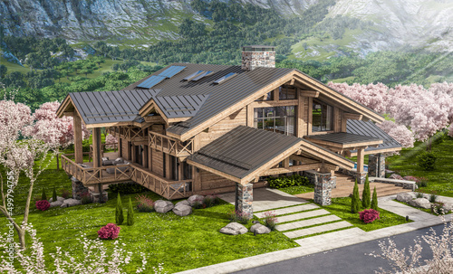 3d rendering of modern cozy chalet with pool and parking for sale or rent. Beautiful forest mountains on background. Fresh spring day with a blooming trees with flowers of sakura on background. © korisbo