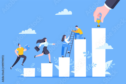 Business mentor helps to improve career and holding stairs steps vector illustration. Mentorship, upskills, climb help and self development strategy flat style design business concept. photo