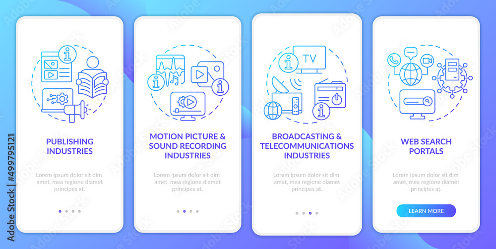 Information industry segments blue gradient onboarding mobile app screen. Walkthrough 4 steps graphic instructions pages with linear concepts. UI, UX, GUI template. Myriad Pro-Bold, Regular fonts used
