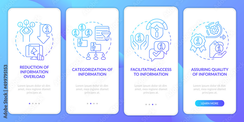 Duties of information sector blue gradient onboarding mobile app screen. Walkthrough 4 steps graphic instructions pages with linear concepts. UI, UX, GUI template. Myriad Pro-Bold, Regular fonts used