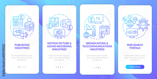 Information industry segments blue gradient onboarding mobile app screen. Walkthrough 4 steps graphic instructions pages with linear concepts. UI  UX  GUI template. Myriad Pro-Bold  Regular fonts used